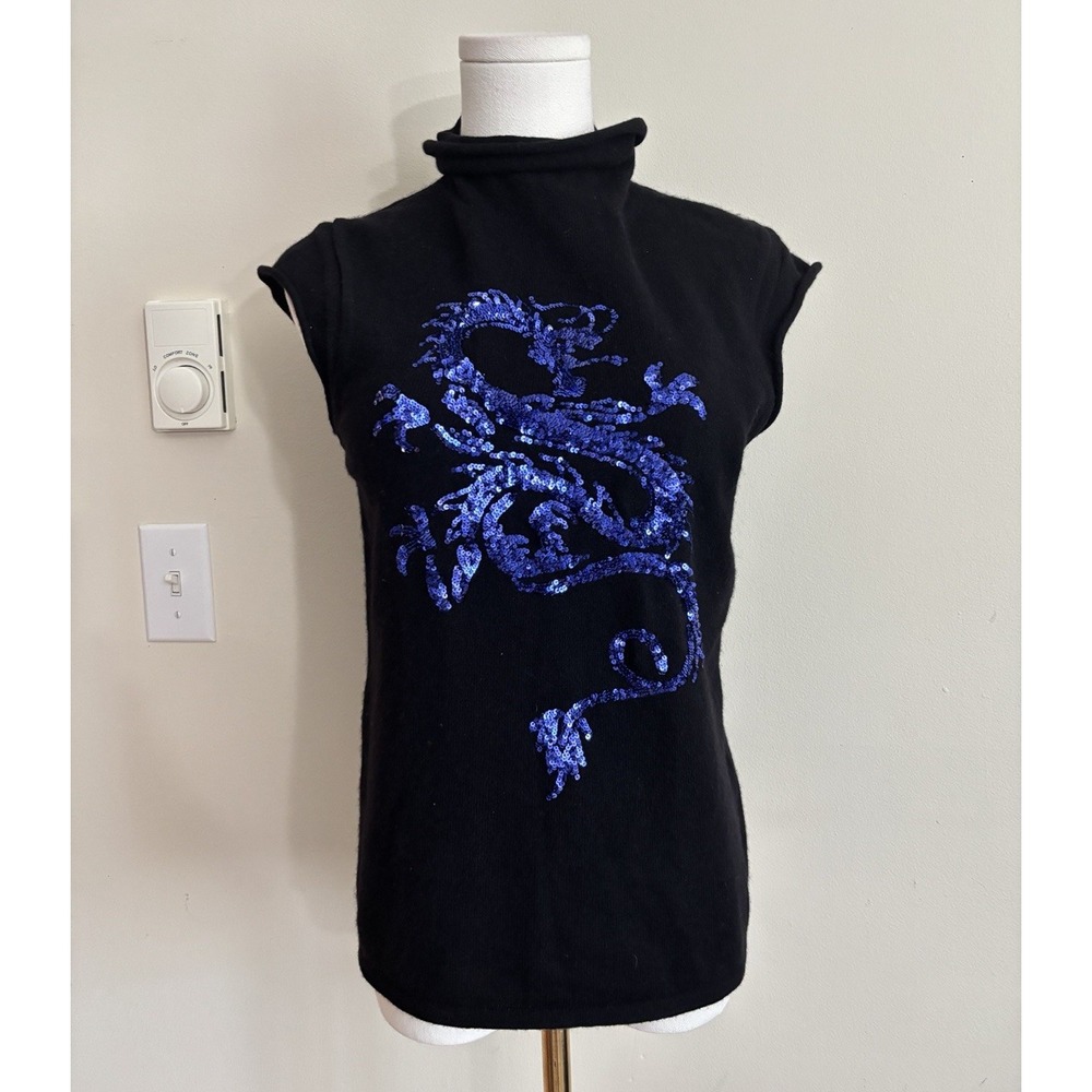 Vintage Y2K Iisli Cashmere Sleeveless Sweater Sequin Dragon Chic Cyber Goth Lg